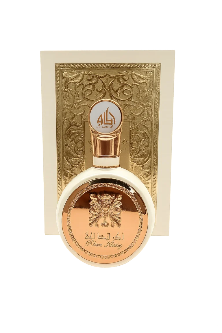 Perfume Fakhar Rosa de Lattafa para mujer, frasco dorado y rosa elegante