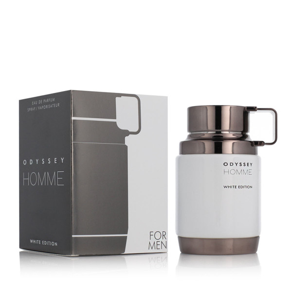 Frasco del perfume Armaf Odyssey White de color blanco inmaculado y detalles dorados, sobre un fondo claro, simbolizando elegancia.