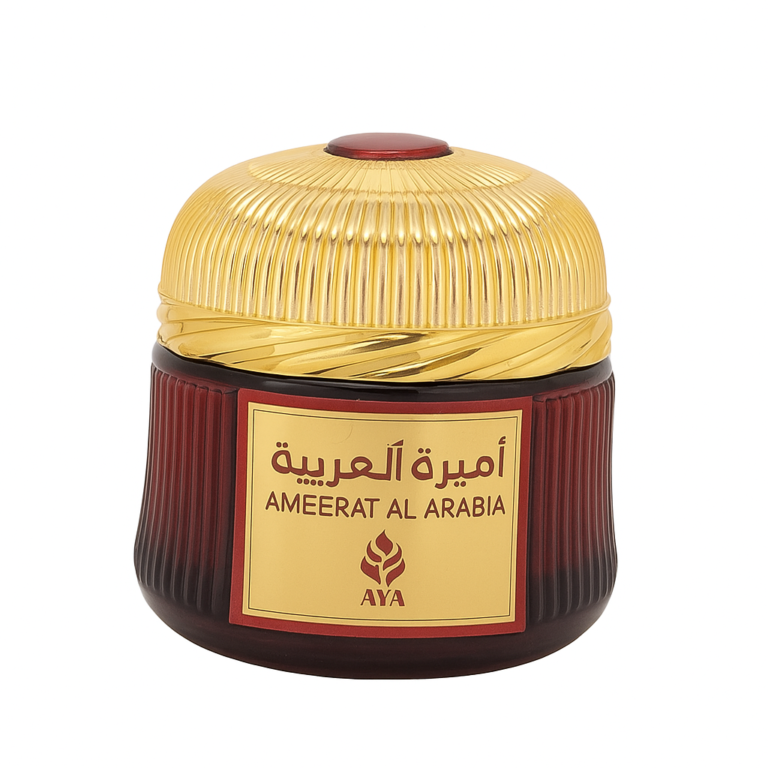 Tarro de incienso Ayat Ameerat al Arabia de 70 gramos con tapa dorada y cuerpo rojo oscuro, bakhoor árabe auténtico fabricado en Dubái.