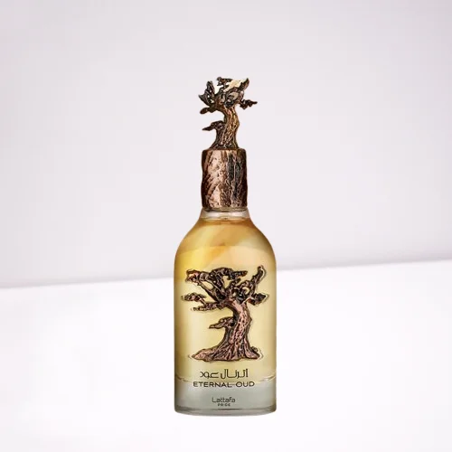 Perfume Eternal Oud de Lattafa Pride, frasco elegante dorado con aroma a oud, vainilla y ámbar. Fragancia árabe intensa y sofisticada.