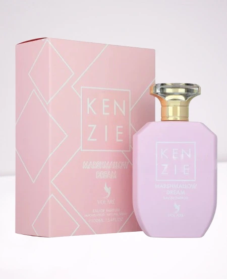 Perfume Kenzie Marshmallow Dream con frasco elegante, aroma dulce de malvavisco y vainilla, inspirado en fragancias tipo Kayali Lovefest.