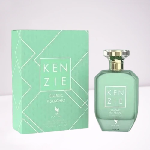Perfume Kenzie Pistachio inspirado en Kayali Yum Pistachio, frasco elegante con detalles dorados sobre fondo suave.
