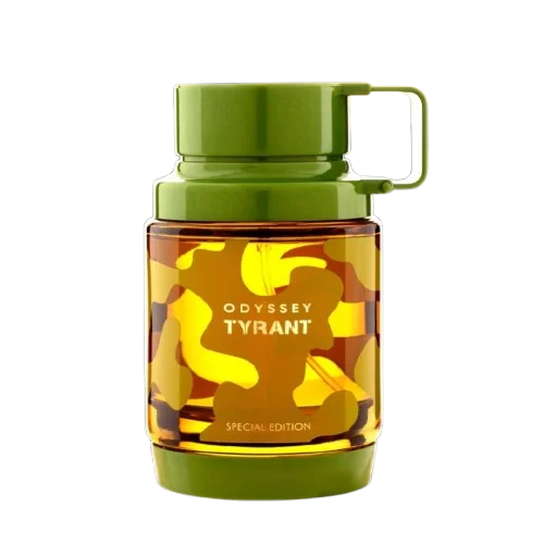 Frasco del perfume Armaf Odyssey Tyrant de color verde militar mate, mostrando su diseño robusto y potente.