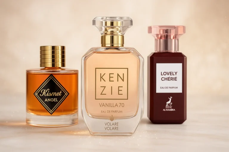 perfumes árabes elegantes tipo dupe de Kayali, como Kenzie Vanilla 70, Kismet Angel y Lovely Chérie, sobre fondo suave y luminoso.