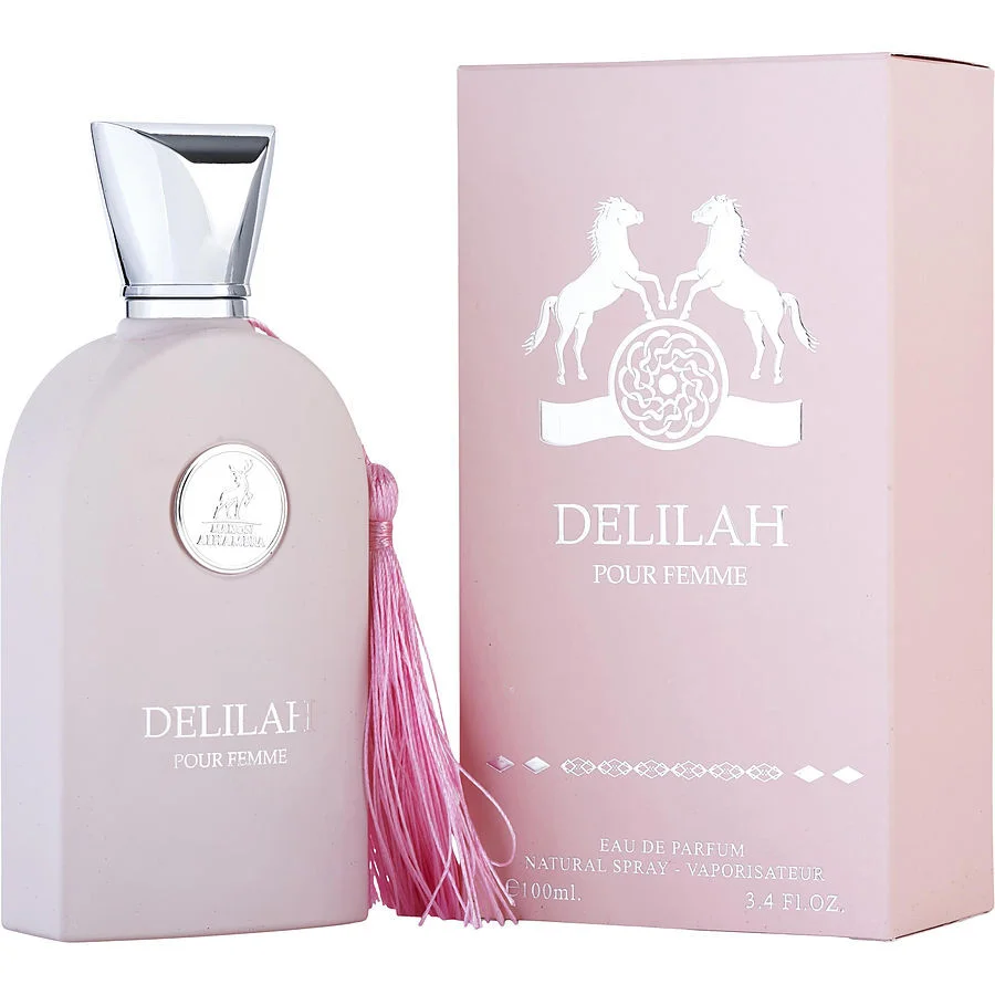 Botella de perfume árabe Maison Alhambra Delilah, aroma floral dulce con rosa y vainilla suave, diseñado para mujeres que buscan fragancias femeninas, elegantes y duraderas.