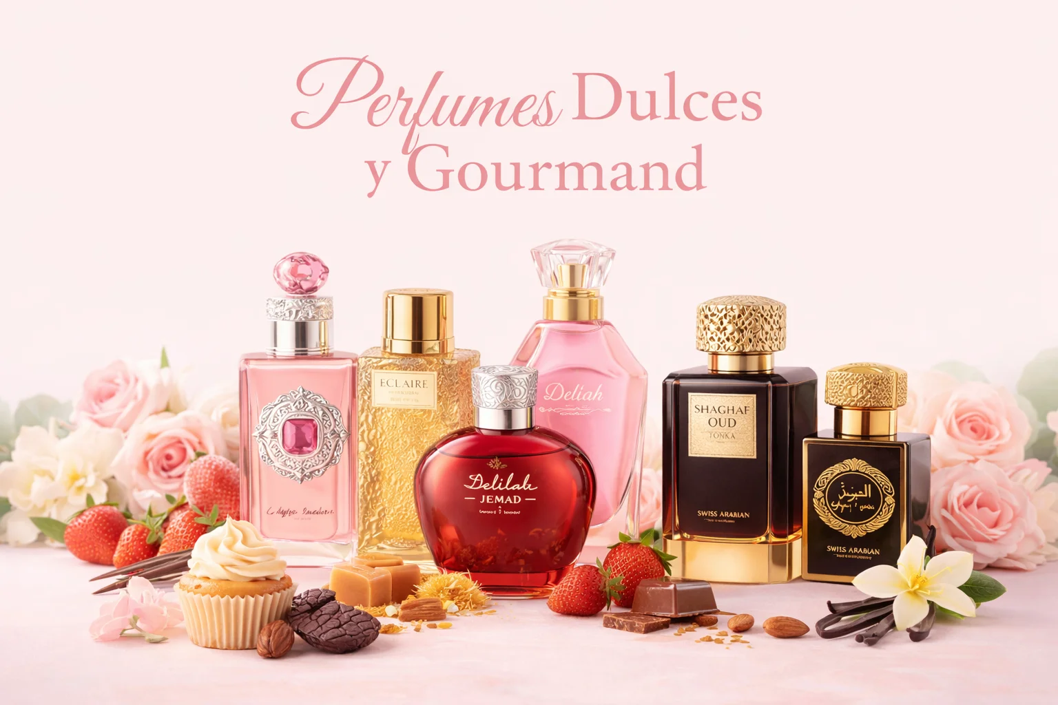 Imagen de perfumes árabes dulces y gourmand para mujer, incluyendo Lattafa Eclaire, Maison Alhambra Delilah y Swiss Arabian Shaghaf Oud Tonka, rodeados de caramelos, vainilla y flores sobre fondo pastel rosa, mostrando fragancias femeninas, elegantes y duraderas.